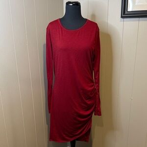 B15 Women’s Elegant Long Sleeve Burgundy Asymmetrical Midi Dress